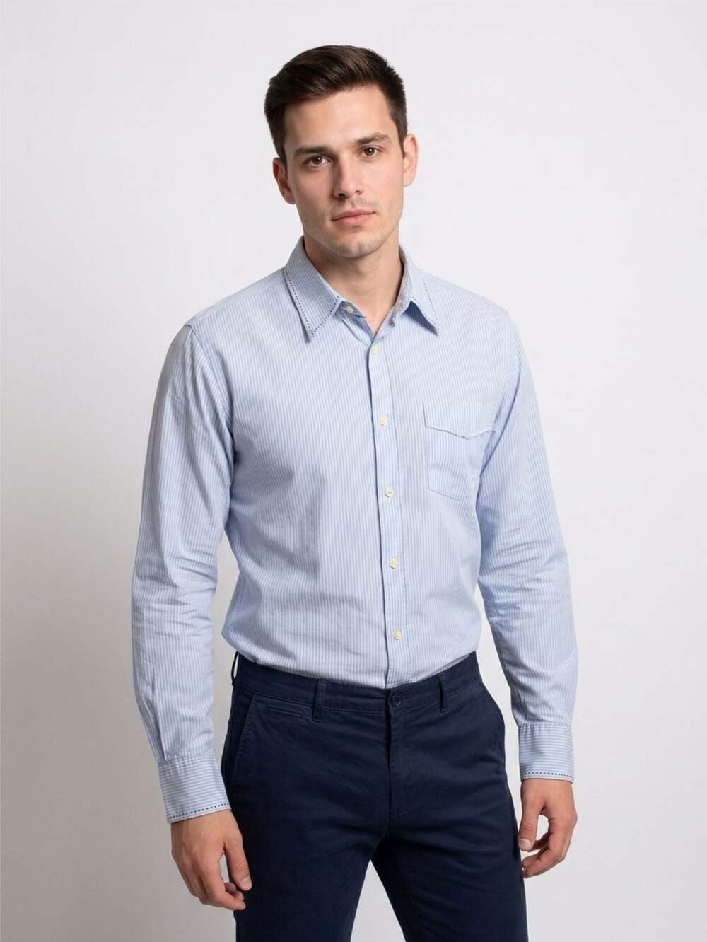 Guess Jeans Authentic Light Blue Striped Long Sleeve Button-Down Shirt